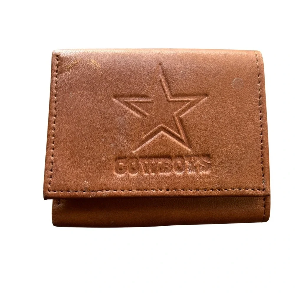 Dallas Cowboys Mens Trifold Wallet Brown Genuine Leather Embossed NFL Star Logo